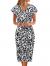 TEMOFON Women's Dresses Summer Floral Geometric Pattern Short Sleeve Midi V-Neck Casual Dress with Belt S-2XL