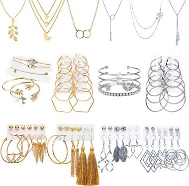 51 PCS Gold Silver Jewelry Set with 6 PCS Necklace,9 PCS Bracelet,36 PCS Layered Ball Dangle Hoop Stud Earrings for Women Jewelry Fashion and Valentine Birthday Party Gift