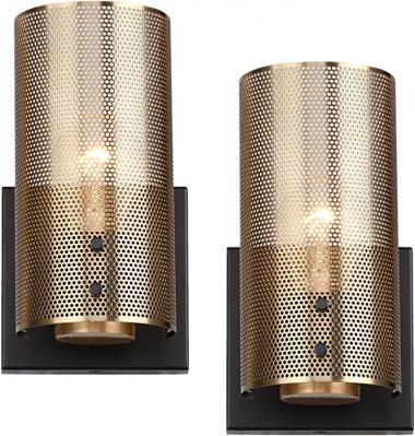 Hamilyeah Industrial Wall Sconces Set of Two, Vintage Brass Gold Sconces Wall Lighting Fixture with Grid Mesh Shade, Indoor Hardwired Wall Sconces for Bedroom Home Theater Bathroom, UL Listed