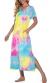 PrinStory Womens Long Nightgown Short Sleeve Nightshirt V-Neck Soft Loungewear Casual Sleepwear With Pockets