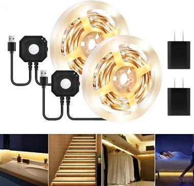 Motion Sensor LED Light Strip, 2PCS 9.8Ft Motion Sensor Light Indoor with Automatic Shut-Off Timer, Motion Activated Bed Lights Under Cabinet Lighting Kit for Bedroom Home Hallway (3000K Warm White)