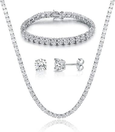 18K White Gold Plated Tennis Necklace/Bracelet/Earrings Sets Pack of 3
