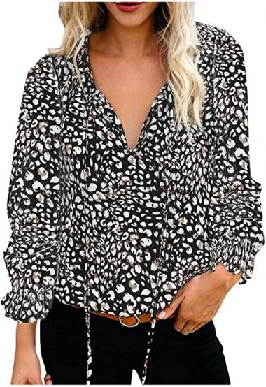 Women's V Neck Lantern Long Sleeve Boho Floral Printed Summer Tops Stylish Drawstring Blouses Loose T Shirts Tunics
