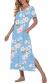 PrinStory Womens Long Nightgown Short Sleeve Nightshirt V-Neck Soft Loungewear Casual Sleepwear With Pockets