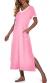 PrinStory Womens Long Nightgown Short Sleeve Nightshirt V-Neck Soft Loungewear Casual Sleepwear With Pockets