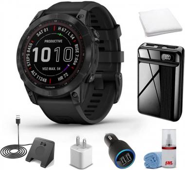 Garmin Fenix Sapphire Solar Edition Smart Watch Black DLC Titanium with Black Band (47mm) + Watch Charging Stand + USB Car/Wall Adapter + More! (010-02540-34)