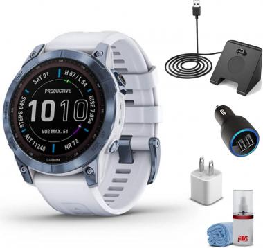 Garmin Fenix 7 Sapphire Solar Edition Smart Watch Mineral Blue Titanium with Whitestone Band (47mm) + Watch Charging Stand + USB Car/Wall Adapter + 6TH AVE Cleaning Kit (010-02540-24)