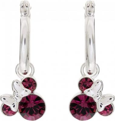 Disney Minnie Mouse Jewelry, Crystal Birthstone Silver Plated Hoop Dangle Earrings, Latch Back