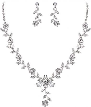 BriLove Women's Wedding Jewelery Leaf Cluster Flower Crystal Dangle Earrings Pendant Necklace Set for Bridal