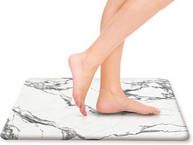 BROOKSTONE Hyper Dry Absorbent Stone Bath Mat - Instant Drying Eco-Friendly Diatomaceous Earth Bath Mat - Non-Slip and Absorbs 3X Its Volume - 15.3 in x 23.6 in - White/Gray