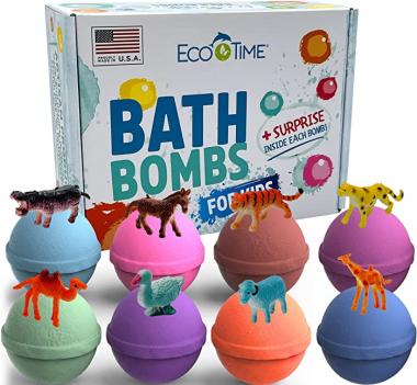 Bath Bombs for Kids with Surprise MINI Toys Animals Inside - Bubble Fizzies with Essential Oils - Multicolored 8 Bath Bombs - Natural & Organic Ingredients Set for Girls and Boys Handmade in the USA