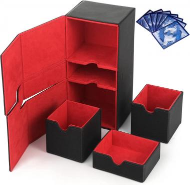 Card Deck Box, Large Flip Deck Case with 3 Trays for 220+ Sleeved Cards, PU Leather Double Deck Box for YuGiOh, TCG, MTG, Uno, Ultraman, Baseball Cards 7.95" x 4.53" x 3.54"