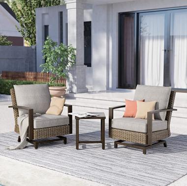 Grand Patio Outdoor 3 Pieces Furniture Sofa Sets PE Wicker Furniture Sets Rockers Patio Conversation Sets Aluminum Frame with Olefin Cushions Patio Furniture Sets (Light Brown)