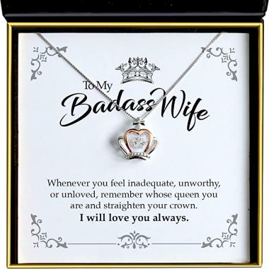 Aphrodite's To My Badass Wife, Luxe Crown Necklace Gift for Wife, 925 Sterling Silver, Necklaces for Women, Wedding Anniversary, Birthday Gifts for Her, Gifts for Wife