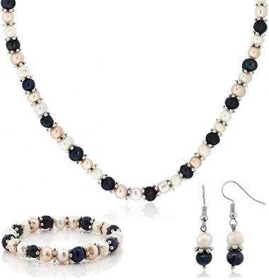 Gem Stone King Multi-Color Cultured Freshwater Pearl Necklace Earrings Bracelet Set 7-8MM 18inches