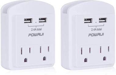 USB Wall Charger, Small Surge Protector, POWRUI USB Outlet with 2 USB Ports (2.4A Total) and Top Phone Holder for Smart Phones, 1080Joules, White (2-Pack), ETL Certified…