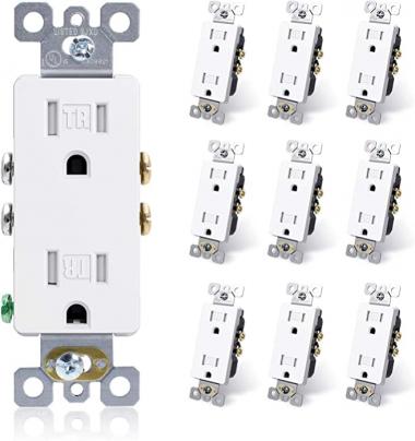 ELEGRP Decora Outlet Tamper Resistant Outlet 15 Amp Outlet White Wall Outlets, Electrical Outlet 3 Prong Duplex Outlet, Self-grounding Receptacle Outlet, 125V, 2 Pole 3 Wire, 5-15R, UL Listed, 10 Pack