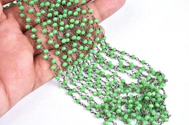 Shree Narayani 10 Feet Green Jasper Rondelle Faceted Hydro Beaded Rosary Chain,Black Metal Plated Wire,Jewelery Making,Finding,Size 3-3.5 mm,Bulk RollBirthstone Beads
