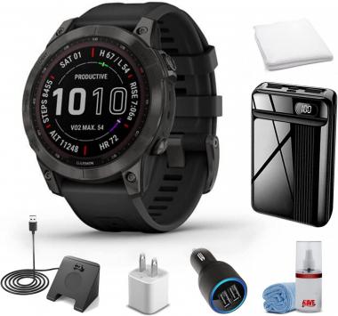 Garmin Fenix 7 Sapphire Solar Edition Smart Watch Carbon Gray DLC Titanium with Black Band + Watch Charging Stand + USB Car/Wall Adapter + More! (010-02540-20)