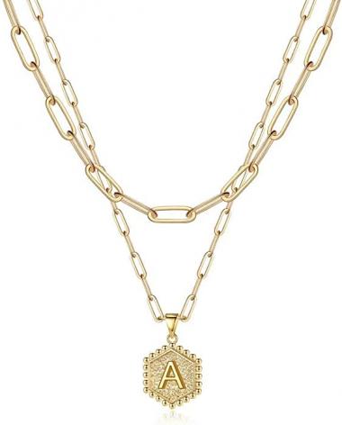 Dainty Layered Initial Necklaces for Women, 14K Gold Plated Paperclip Chain Necklace Simple Cute Hexagon Letter Pendant Initial Choker Necklace Gold Layered Necklaces for Women