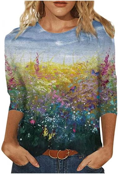Women 3/4 Sleeve Tops Casual Tie Dye Graphic Tee Shirts Summer Crewneck Sweatshirt Loose Fit T Shirts Tunic Blouses