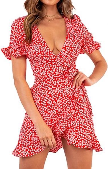 Relipop Women's Dresses Floral Print Deep V-Neck Short Bell Sleeve Ruffle Wrap Tie Knot Fishtail Short Dress