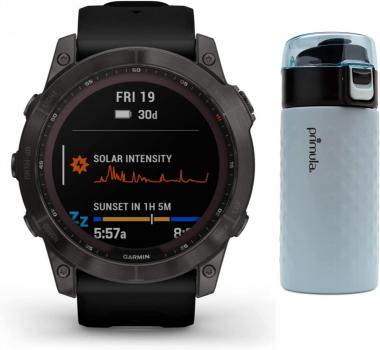 Garmin Fenix 7X Sapphire Solar GPS Smartwatch (Carbon Gray) Bundle with Primula Hamilton 12-Ounce Double Wall Stainless Steel Tumbler Bundle (2 Items)
