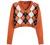 ZAFUL Women's Long Sleeve V-Neck Argyle Knitted Crop Sweater Pullover Tops
