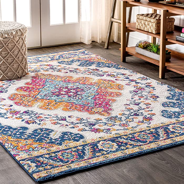 JONATHAN Y BMF106A-8 Bohemian FLAIR Boho Vintage Medallion Indoor Area Rug Floral Easy Cleaning High Traffic Bedroom Kitchen Living Room Non Shedding, 8 X 10, Blue/Multi