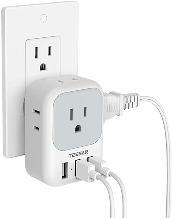 Multi Plug Outlet Extender with USB, TESSAN Electrical 4 Outlet Box Splitter with 3 USB Wall Charger, Multiple Power Outlet Expander for Cruise Dorm Essentials, Home, Office