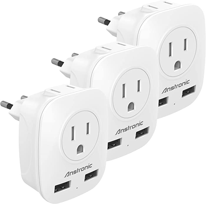 [3-Pack] European Travel Plug Adapter, Anstronic International Power Adaptor with 2 USB Ports, 2 US Outlets-4 in 1 European Plug Adapter for Spain, Israel, Italy, France, Germany, Greece (Type C)
