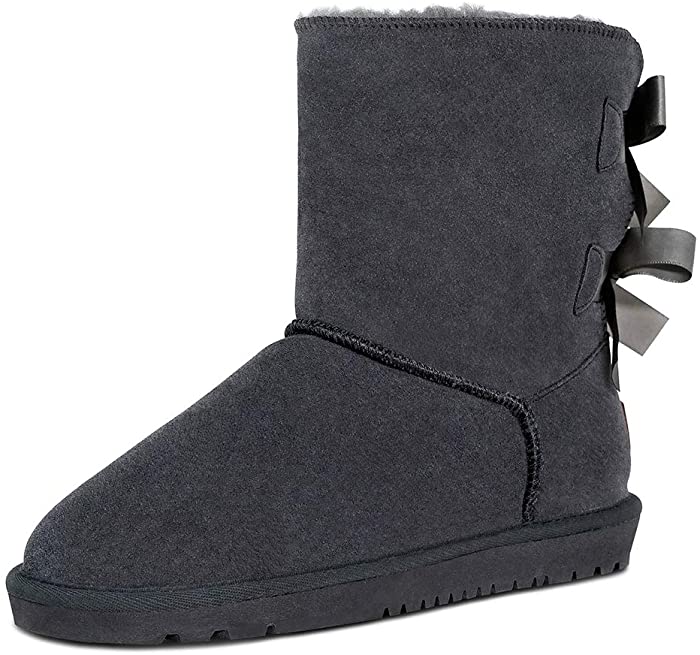 Sheepskin Fur Lining Winter Warm Boots for Women & Ladies, Women's Mid Calf Leather Short Fashion Bow Snow Boots