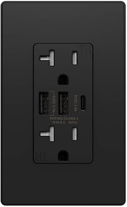 ELEGRP 30W 6.0 Amp 3-Port Type C USB Wall Outlet, Smart Chip High Speed Charging for iPhone, iPad, Samsung, Google, LG, HTC, Android Devices, Tablets and More, UL Listed, w/Wall Plate, 1 Pack, Black