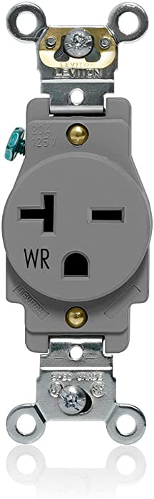 Leviton W5461-GY Single Receptacle Outlet, Weather-Resistant, 20 Amp, 250 Volt, Heavy-Duty Industrial Specification Grade, Back or Side Wire, Self-Grounding, Gray