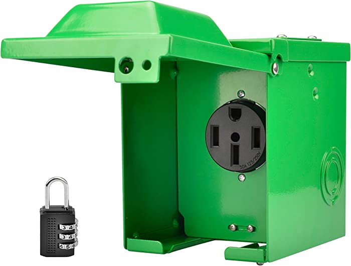 RVINGPRO 50 Amp 125/250 Volt RV/EV Power Outlet Box, Enclosed Lockable Weatherproof Outdoor Electrical NEMA 14-50R Receptacle Panel, Green, ETL Listed