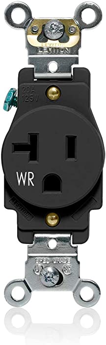 Leviton W5461-E Single Receptacle Outlet, Weather-Resistant, 20 Amp, 250 Volt, Heavy-Duty Industrial Specification Grade, Back or Side Wire, Self-Grounding, Black