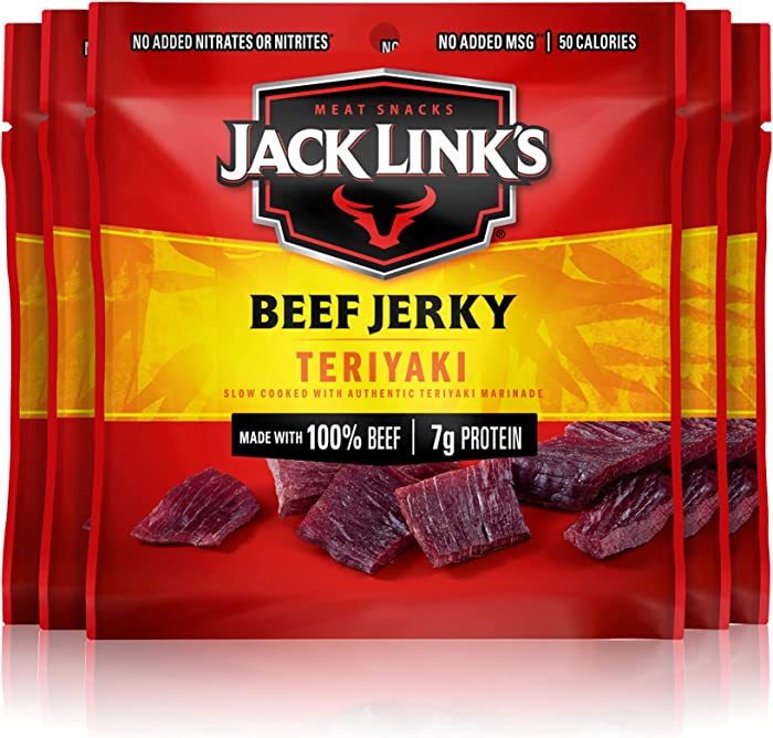 Jack Link's Beef Jerky, Teriyaki - Flavorful Meat Snack for Lunches, Ready to Eat - 7g of Protein, Made with Premium Beef - 0.625 Oz Bags (Pack of 5)