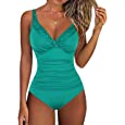 Hilor Women&#39;s One Piece Swimsuits Pin Tucked Surplice Swimwear Tummy Control Bathing Suits Monokinis Deep Emerald 10