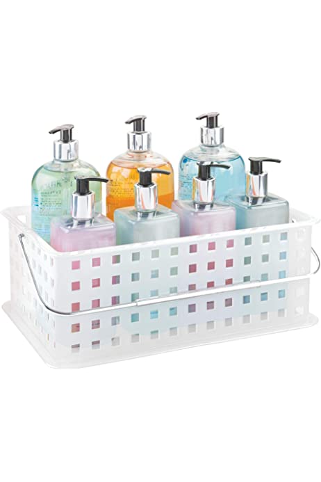 iDesign Spa Storage Organizer Basket with Handle, Stackable Container for Bathroom, Health, Cosmetics, Hair Supplies and Beauty Products, 8.69" x 13.94" x 5.12", Frost White