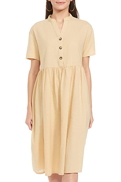 Women's Button Down V Neck Short Sleeve White Midi Dress Beige Srtipes
