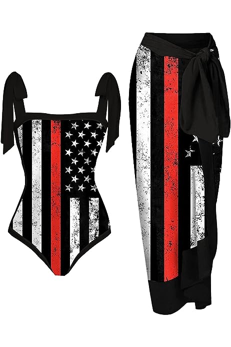 Women's One Piece Swimsuit with Beach Cover up 2 Piece Bathing Suit with Wrap Skirt Retro Floral Print Bikini Sets