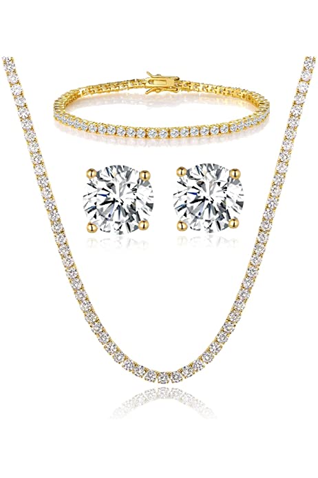 18K Yellow Gold Plated Tennis Necklace/Bracelet/Earrings Sets Pack of 3
