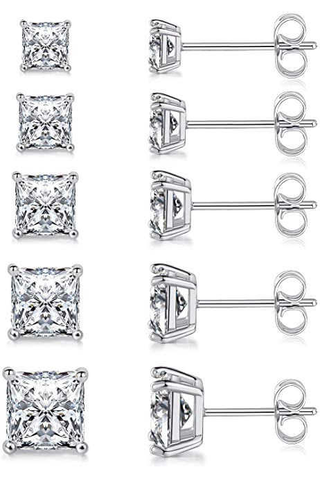 18K White Gold Plated Princess Cut Clear Cubic Zirconia Stud Earring Pack of 5 Pairs