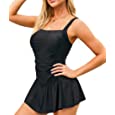 REKITA Women&#39;s Tummy Control One Piece Swimdress Swimsuit Vintage Skirted Bathing Suit Black