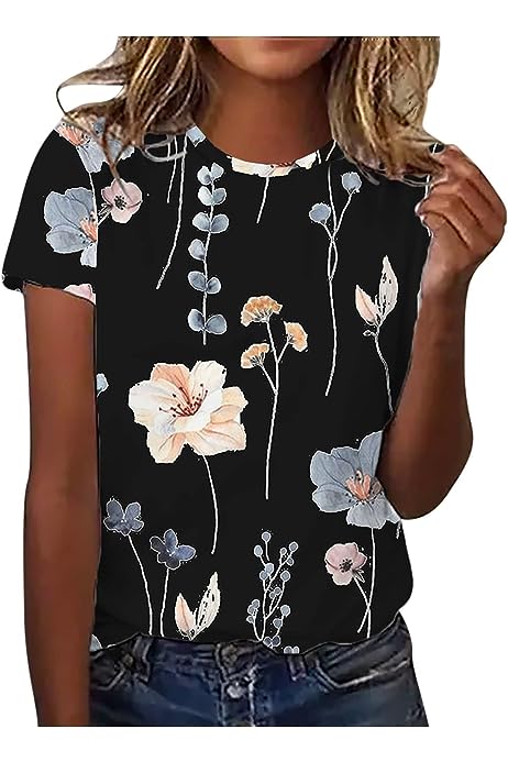 Womens Dressy Tops, Women's Fashion Casual Short Sleeve Flower Print Round Neck Pullover Top Blouse