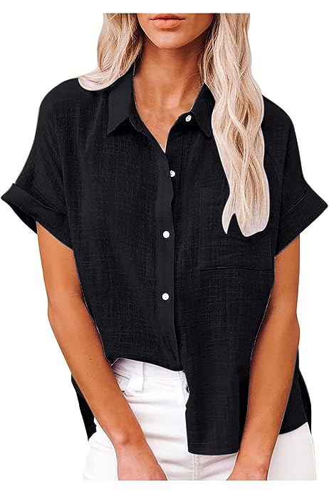 Linen Shirts for Women Loose Fit Casual Summer 2023 Roll Up Shorts Sleeve Button Down Tops Work Office Business Blouses
