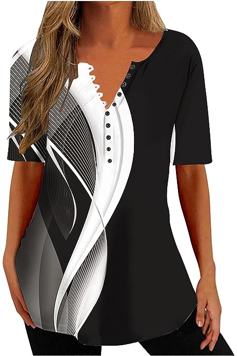 Women Blouses Summer 2023 Graphic Tshirt Shirts Short Sleeve Dressy Blouse Loose Fit Tunic Top Button V Neck Fashion