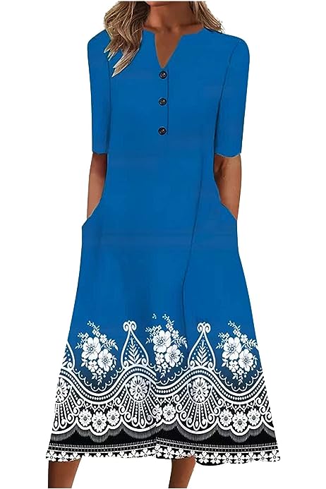 Dresses for Women 2023 Ethnic Print Boho Dress Short Sleeve Button Down Dress A Line Long Dress Summer Trendy Dresses