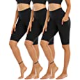 CHRLEISURE 3 Pack Biker Shorts for Women High Waist with Pockets - Spandex Yoga Tummy Control Shorts (3Packs 3Black, L)