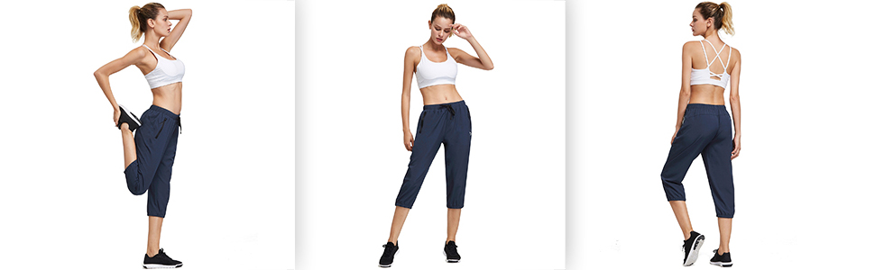 Women Quick Dry Running Pants Hiking Capri Sun Protection UPF 50+ Lightweight Zipper Pockets 